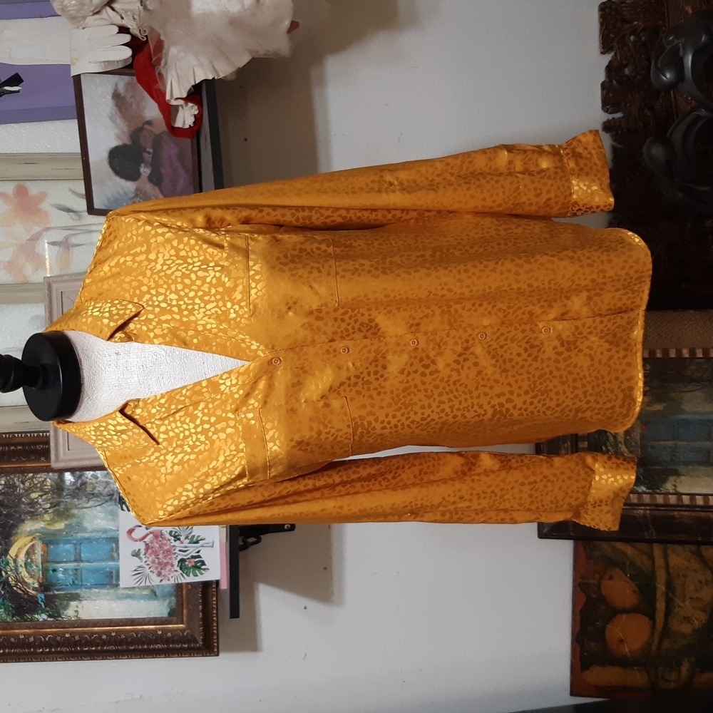 Womens Button up Collared Blouse Gold Orange Silky satin feel Sz M CANDIES
